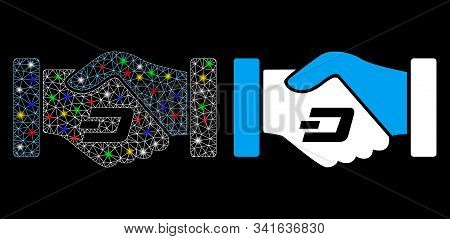 Glossy Mesh Dash Contract Hands Icon With Glow Effect. Abstract Illuminated Model Of Dash Contract H