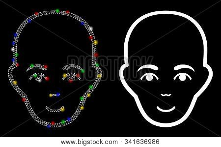 Glossy Mesh Bald Head Icon With Glare Effect. Abstract Illuminated Model Of Bald Head. Shiny Wire Fr