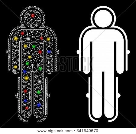 Flare Mesh Exoskeleton Skafandr Icon With Sparkle Effect. Abstract Illuminated Model Of Exoskeleton 