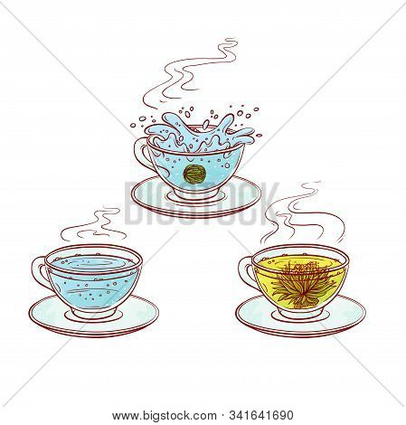 Tea Herb Flowers Brew Process Make In Transparent Cup Hot Drink With Leaves. Vector Sketch Line Hand