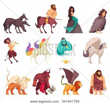 Mythical Magical Creatures Spirits Monsters Cartoon Stile Icons Set With Cyclops Mermaid Centaur Uni