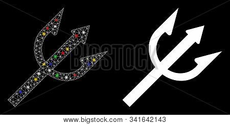 Bright Mesh Trident Fork Icon With Glow Effect. Abstract Illuminated Model Of Trident Fork. Shiny Wi