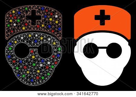 Glowing Mesh Medic Head Icon With Glow Effect. Abstract Illuminated Model Of Medic Head. Shiny Wire 