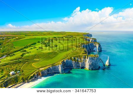 Picturesque Panoramic Landscape On The Cliffs Of Etretat. Natural Amazing Cliffs. Etretat, Normandy,