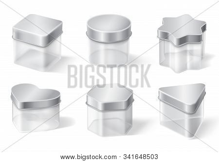 Transparent Glass Jar With Metal Lid Isolated On White Background. Vector Realistic Mockup Of Empty 
