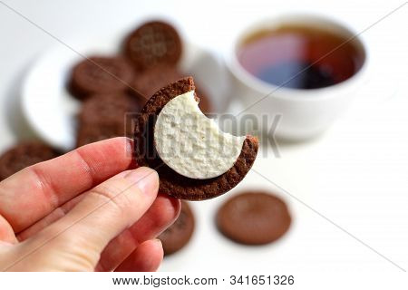 Cookies With Chocolate. White Cup With Black Tea. Tea Ceremony. Sweet Morning. Still Life.