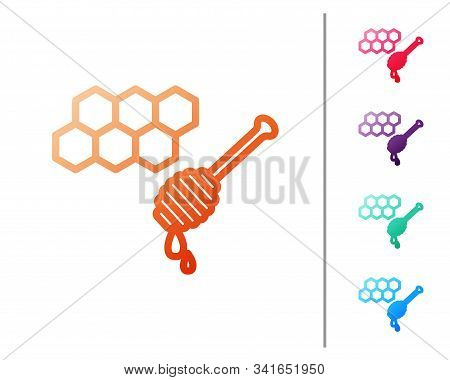 Red Line Honeycomb With Honey Dipper Stickicon Isolated On White Background. Honey Ladle. Honey Cell