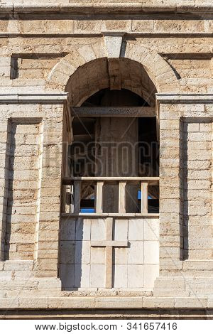 Jerusalem, Israel, December 28, 2018 : A Large Stone Cross Carved From Stone On The St. Nicholas Chu