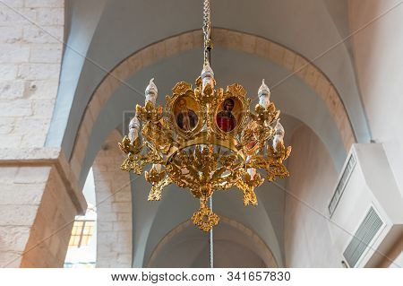 Jerusalem, Israel, December 28, 2018 : Decorative Chandelier Hanging In The Hall Of The St. Nicholas