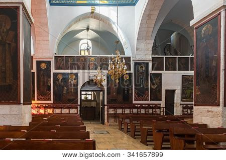 Jerusalem, Israel, December 28, 2018 : The Central Hall Of The St. Nicholas Church In Bay Jala - A S