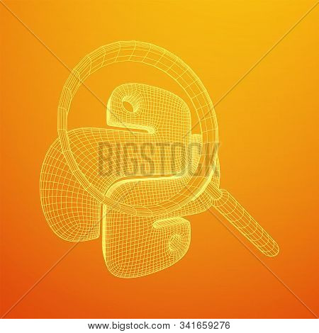 Python Code Language Sign With Magnifying Glass. Programming Coding And Developing Concept. Wirefram