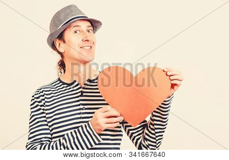 Happy Boyfriend Holding Big Red Heart. Happy Valentine Day. Be In Love. Boyfriend Showing Love