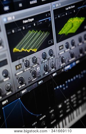 Close Up View Computer Monitor Digital Audio Workstation or Daw Music Production App, Electronic Dev