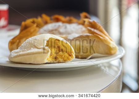 Delicious Portuguese Traditional Pastry From Coimbra On White Plate