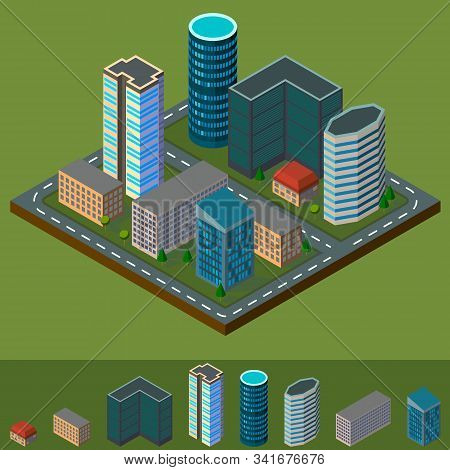 Isometric City Center With Skyscrapers, Offices And Stores With Icons Separately. Vector Illustratio