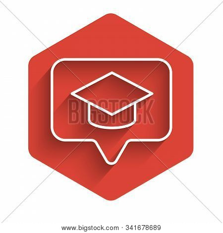 White Line Graduation Cap In Speech Bubble Icon Isolated With Long Shadow. Graduation Hat With Tasse