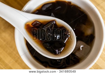 traditional Taiwanese snacks of mesona black herbal tea in a bowl