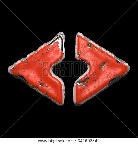 Symbol left and right angle bracket made of red painted metal isolated on black background. 3d rendering