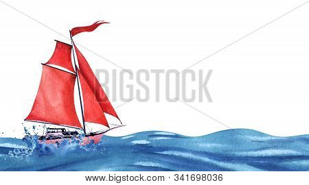 Lightweight Pink Abstract Sailing Yacht With Red Sails And A Red Waving Flag. Sailing Forvard The Oc