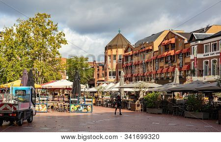 Restaurants And Cafes Located On A Paved Square. Eindhoven, Netherlands.