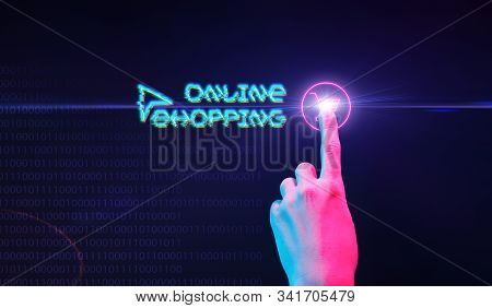 Hand Click On Button At Web. Online Shopping Concept In Modern Neon Color.