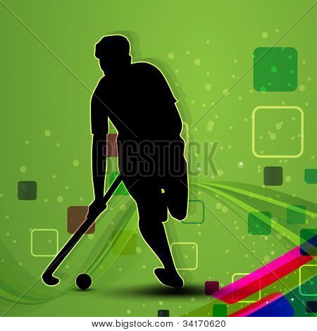 Silhouette ein Eishockeyspieler mit Hockeyschläger und Ball auf bunte grüne Welle abstrakter Hintergrund.
