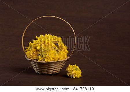 Marigold (zendu Flowers) Flowers In A Bamboo Basket.