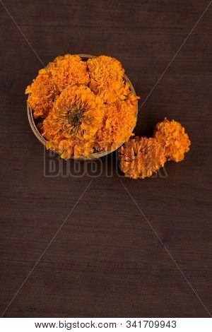 Marigold (zendu Flowers) Flowers In A Bamboo Basket.