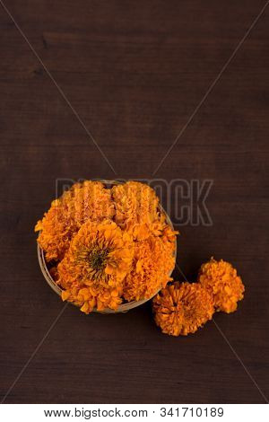 Marigold (zendu Flowers) Flowers In A Bamboo Basket.