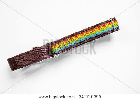 Top View  сolorful Dog Collar And Leash From Silky Tape, One Side Is Brown. Close Up, White Backgrou