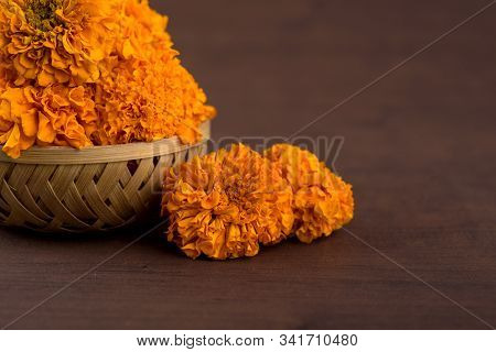 Marigold (zendu Flowers) Flowers In A Bamboo Basket.