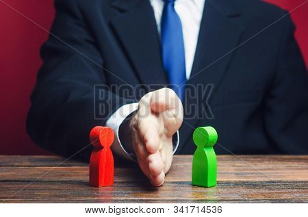 Man Divides Warring Parties Conflict With A Hand. Mediator Services. Stop Fight, Ceasefire Clashes, 