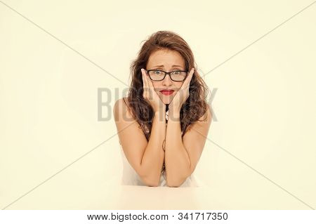 Worried Student At Table. Businesswoman In Office. Business Success. Sexy Lady With Red Lips. Woman 
