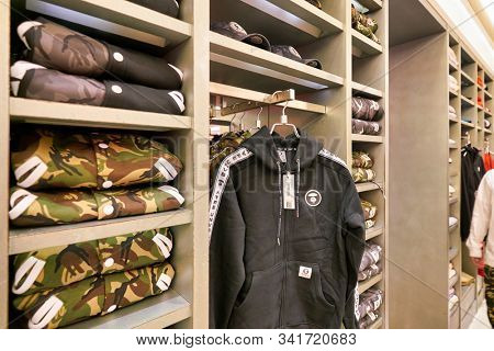 HONG KONG, CHINA - CIRCA JANUARY, 2019: clothes on display at Aape store in New Town Plaza. New Town Plaza is a shopping mall in the town centre of Sha Tin, Hong Kong.