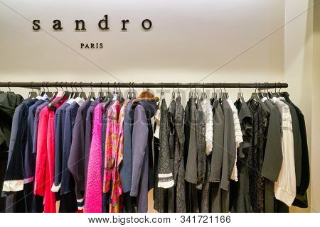 HONG KONG, CHINA - JANUARY 23, 2019: clothes on display at Sandro store in New Town Plaza. New Town Plaza is a shopping mall in the town centre of Sha Tin, Hong Kong.