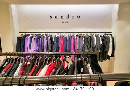 HONG KONG, CHINA - JANUARY 23, 2019: clothes on display at Sandro store in New Town Plaza. New Town Plaza is a shopping mall in the town centre of Sha Tin, Hong Kong.