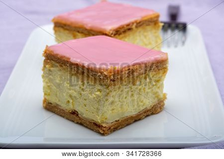Tompoes Or Tompouce, Iconic Pastry In Netherlands And Belgium Made From Puff Dough, Icing, Cream