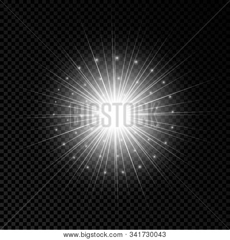 Light Effect Of Lens Flares. White Glowing Lights Starburst Effects With Sparkles On A Transparent B