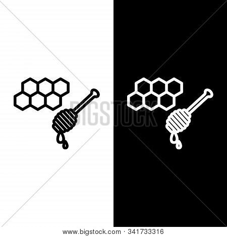 Set Line Honeycomb With Honey Dipper Stickicon Isolated On Black And White Background. Honey Ladle. 
