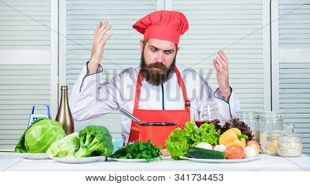 Healthy Food Cooking. Mature Hipster With Beard. Serious Bearded Man. Chef Recipe. Vegetarian Salad 