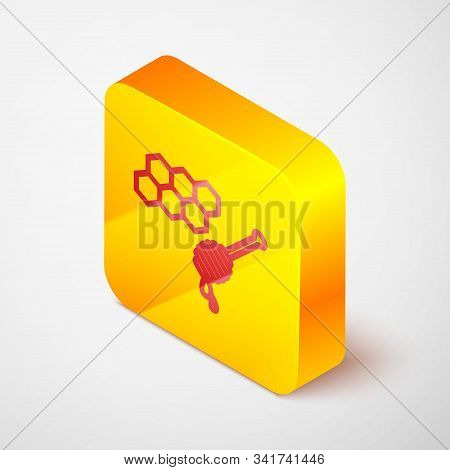 Isometric Line Honeycomb With Honey Dipper Stickicon Isolated On Grey Background. Honey Ladle. Honey