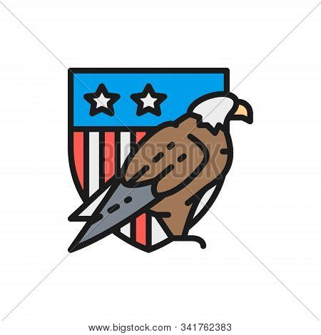 Eagle With Usa Shield, Coat Of Arms Of America Flat Color Line Icon.