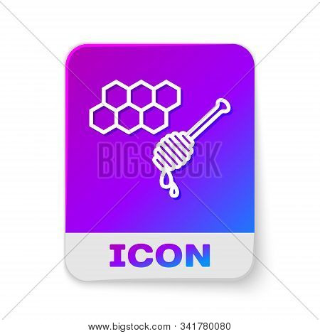 White Line Honeycomb With Honey Dipper Stickicon Isolated On White Background. Honey Ladle. Honey Ce