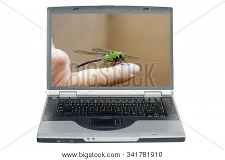 Laptop Computer. Dragonfly on a persons finger. Computer Isolated on white. Room for text. Clipping Path. Dragonfly insects are very important in the earths Eco system and are beneficial insects.