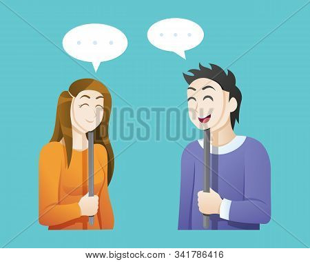 Man And Woman Wearing Happy Masks. Young Man And Woman Talking With Smiling Masks Hiding Their True 