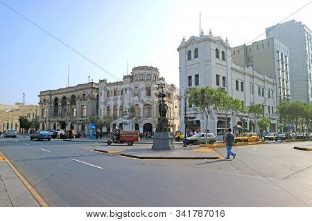 Street Scene Of Plaza San Martin Or St. Martin Square Of Lima, Peru, South America, 19th May 2018