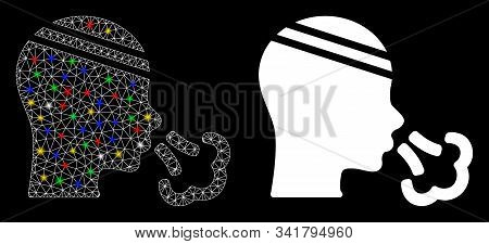 Glowing Mesh Patient Sneeze Icon With Glare Effect. Abstract Illuminated Model Of Patient Sneeze. Sh