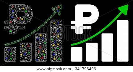 Glossy Mesh Rouble Growth Trend Icon With Glitter Effect. Abstract Illuminated Model Of Rouble Growt