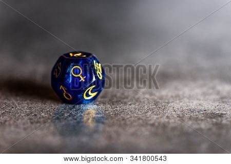 Blue Astrology Dice With Symbol Of The Planet Venus On Grey Background