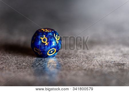 Blue Astrology Dice With Symbol Of The Planet Mercury On Grey Background